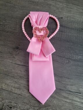 Pink Women's Satin Bow Tie with Beaded Heart Accent